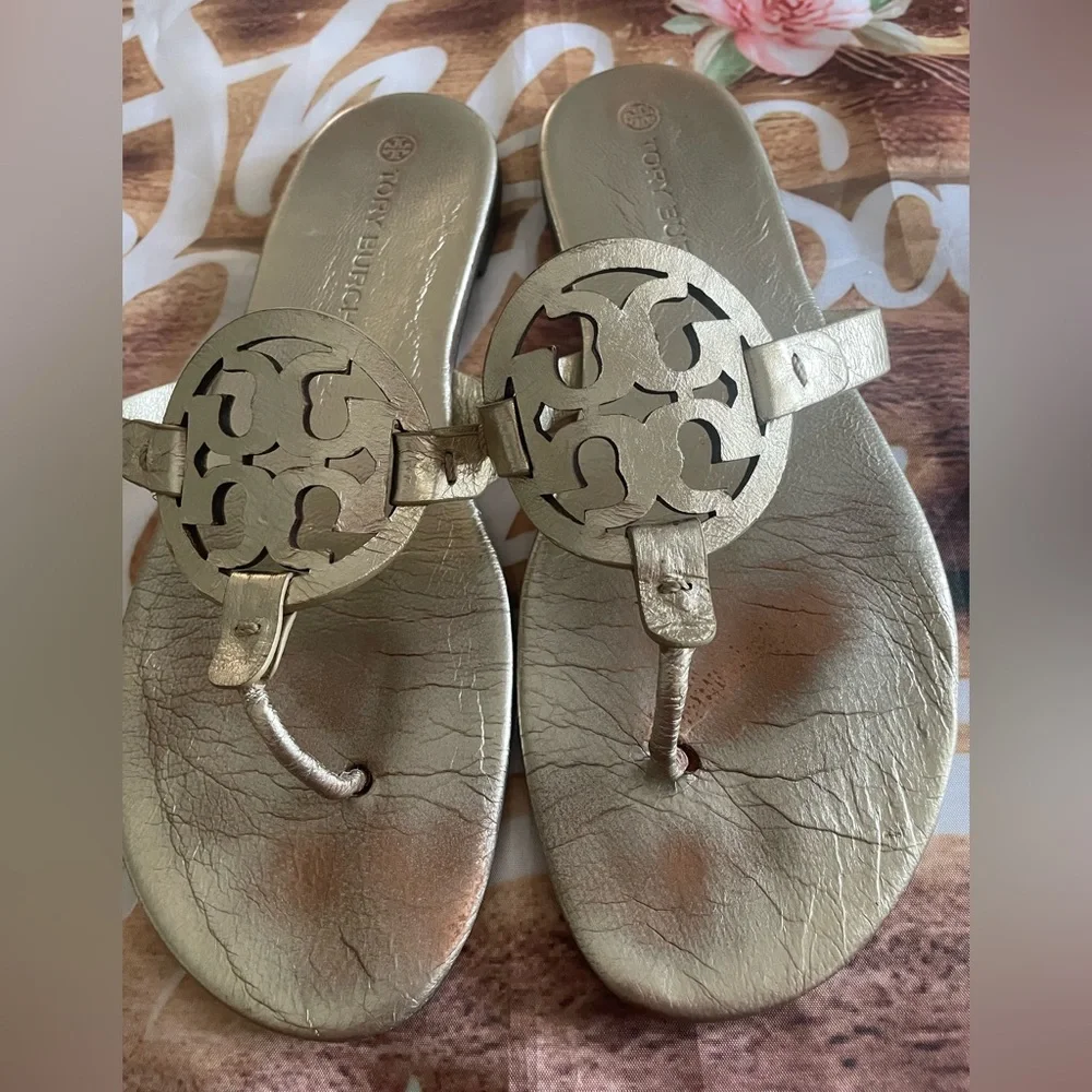 Tory Burch Gold Miller Sandals with Signature Medallion
